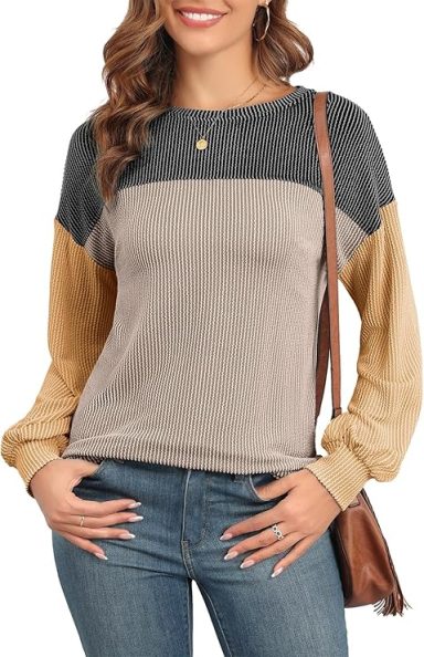 Women's Tunics Pullover Top Shirts Fashion 2024 Drop Shoulder Crew Neck Long Lantern Sleeve Ribbed Knit Casual Loose Tops