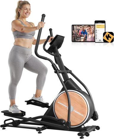 Woman exercising on an elliptical machine with a phone and tablet nearby.