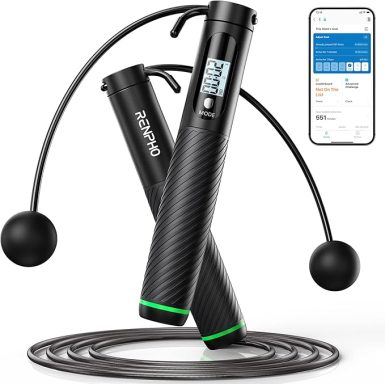 Black digital jump rope with a phone app displaying workout data.
