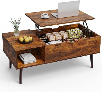 Sweetcrispy Coffee Table, Lift Top Coffee Tables for Living Room, Small Rising Wooden Dining Center Tables with Storage Shelf and Hidden Com