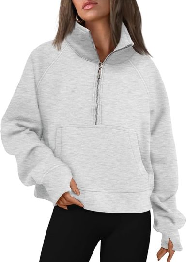  Womens Sweatshirts Half Zip Cropped Pullover Fleece Quarter Zipper Hoodies Fall outfits Clothes Thumb Hole