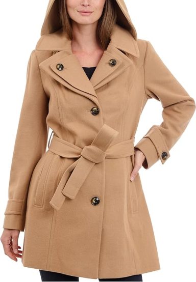 London Fog Women's Double Lapel Thigh Length Button Front Wool Coat with Belt