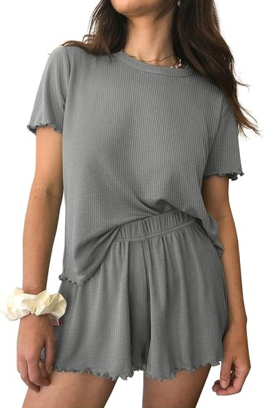 Womens Pajamas 2 Piece Ribbed Knit Pjs Short Sleeve Sleepwear Set Summer Soft Pajamas Set Casual Lounge Sets
