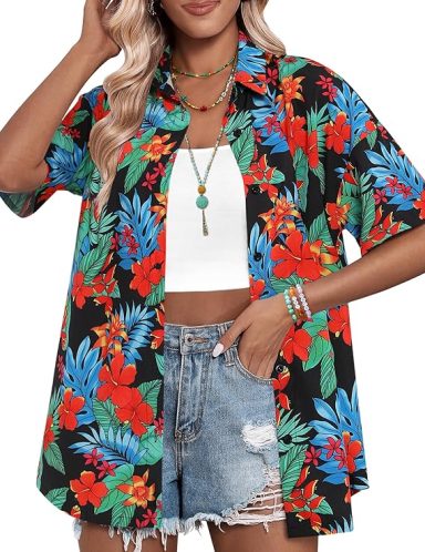 HOTOUCH Womens Hawaiian Shirts Button Up Casual Floral Tropical Shirt Summer Beach Shirt Cool Short Sleeve Blouse Tops